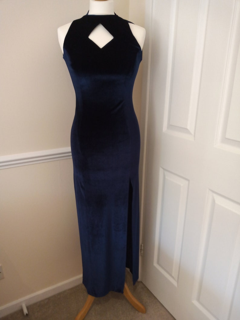 Glamour Sexy Fitted Evening Dress Party Dress UK 8 1990s Navy Maxi Vintage.