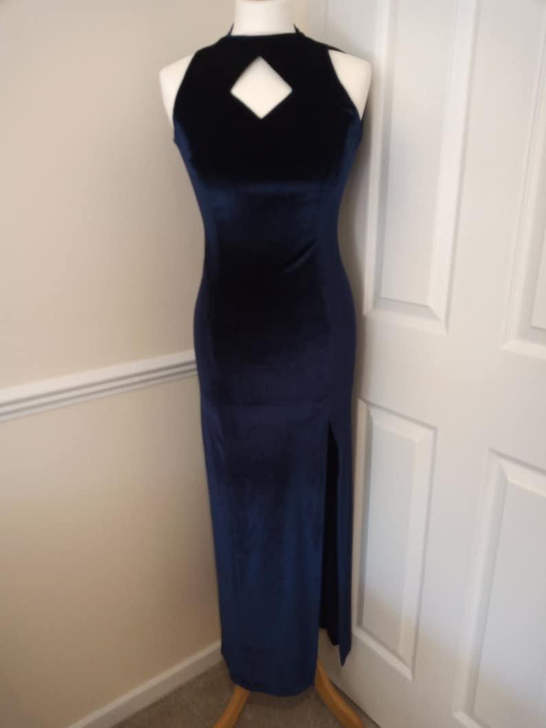 Glamour Sexy Fitted Evening Dress Party Dress UK 8 1990s Navy Maxi Vintage.