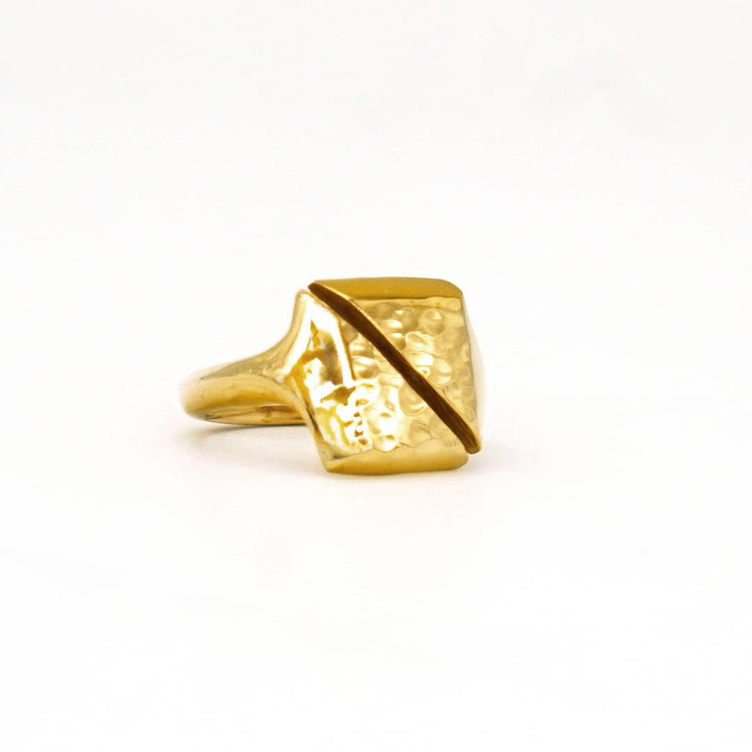 Open Signet Ring Hand-forged Recycled Brass Open Signet Ring, Minimalist Gold Tone ...