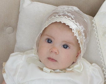 Ivory Christening Bonnet • Baby Girl • Swarovski Crystal • Cotton Lace • Italian Guipure • Baptism Hat • Personalized