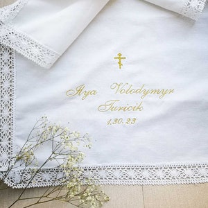 Personalized Hand Towel White Cross Embroidery Name and Baptism Date Cotton Flannel Size 20/28 inches Christening Towel Baptism Towel  19910