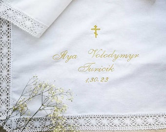 Personalized Hand Towel White Cross Embroidery Name and Baptism Date Cotton Flannel Size 20/28 inches Christening Towel Baptism Towel  19910