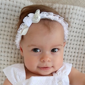 Baby Baptism Headband, for Girl, White, Cotton Lace, Flowers, Ivoty Satin Ribbon, Christening Outfit, A3309 image 1