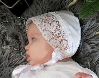 Baby Girl Christening Bonnet: White Cotton Baptism Lace Sunbonnet