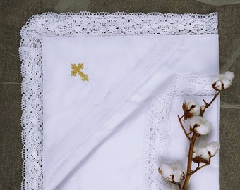 Personalized Baptism Blanket: White Cotton Lace Christening Blanket
