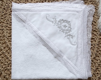 Personalized Baby Hooded Towel: Embroidered Lace Christening Gift