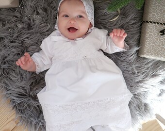 Cotton Lace Baby Dress: White Christening Outfit, Embroidery Personalization