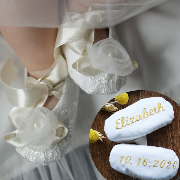 Satin Baptism Shoes, Baptism Favors Girl, Personalized Baby Girl Booties, Godmother Baptism Gift, Newborn Christening Outfit A5204