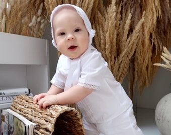 White Lace Baby Boy Baptism Outfit, Gold Thread Christening Suit, Personalized Newborn Toddler Blessing Set, Cotton Shirt Pants Godson Gift