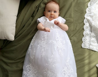 Baby Girl Christening Gown: Long Lace Baptism Dress, Guipure Heirloom Outfit