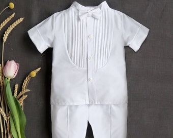 White Satin Christening Outfit: Personalized Baptism Set with Bow Tie