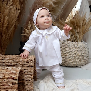 Satin Baptism Outfit: White Christening Suit with Gold Cross Embroidery