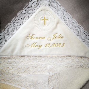 Baby Name on Baptism Hooded Towel Сatholic Сross Ivory Christening Baby Towel Personalized Baptism Boy Girl Embroidered Newborn Towel 2707С