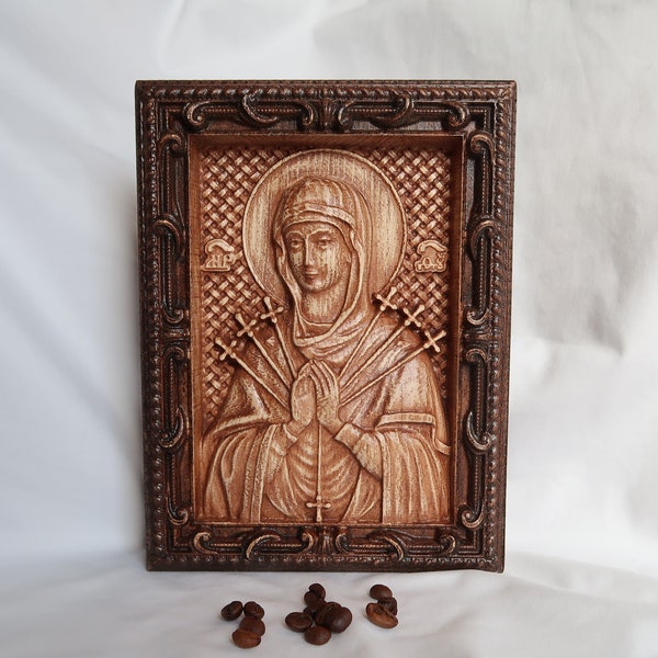 Icône sculptée en bois de la Mère de Dieu sept flèches, bois de frêne, idées de cadeaux de baptême, fille cadeau de baptême,