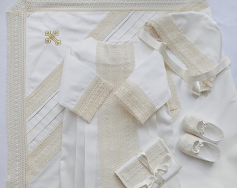 Ivory Satin Baptism Gown: Unisex Linen Lace Christening Outfit