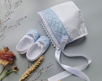 Elegant White Blue Lace Christening Baby Bonnet, Cotton Baptism Hat, Newborn Boy Booties, Infant Crib Shoes, Handmade Blessing Day Gift Set