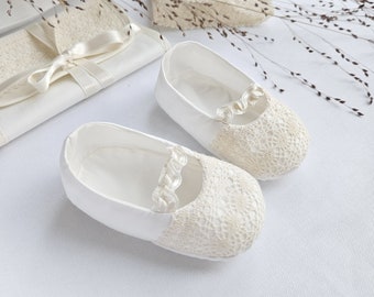 Ivory Christening Booties • Personalization • Cotton Satin Linen Lace • Baptism Baby Shoes • Embroidery Blessing Outfit