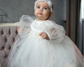 Ivory Tulle Christening Gown: Personalized Baby Baptism Dress