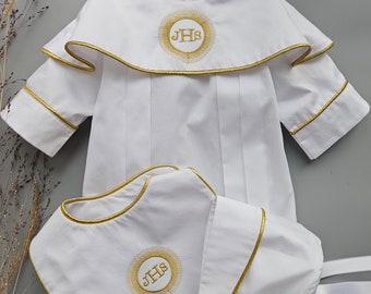 Soutane Style Baptism Gown: White Cotton Christening Outfit with Gold Embroidery