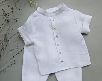 Linen Christening Outfit: White Baby Boy Baptism Suit A8511