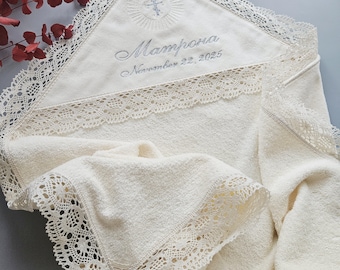 Personalized Ivory Baptism Hooded Towel: Silver Embroidered Cross, Cotton Lace