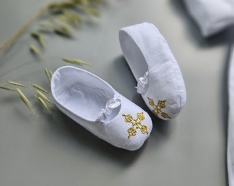 Linen Christening Booties: Embroidered Cross, Baptism Gift