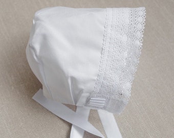 White Cotton Christening Bonnet with Italian Lace A1100