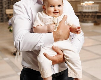 Baby Boy Baptism Outfit  • Linen Lace Christening Suit • Shirt Pants Set • Milky