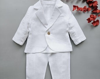 Costume bébé en lin blanc - tenue de baptême avec veste, gilet et pantalon