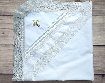 White Lace Baptism Blanket, Gold Cross Cotton Christening Kryzhma, Personalized Baby Baptismal Wrap, Newborn Hooded Towel, Godparent Gift