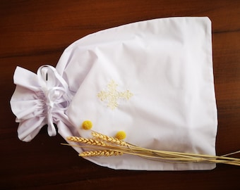 Embroidered Cross Baptism Outfit Storage Bag: Personalized Cotton Keepsake