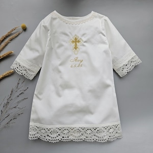 Embroidered Cross Christening Gown: Satin & Linen Lace Baptismal Dress