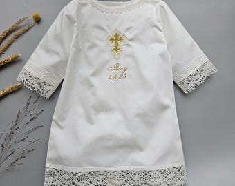 Embroidered Cross Christening Gown: Satin & Linen Lace Baptismal Dress
