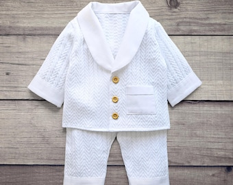 White Cotton Baptism Outfit, Newborn Christening Suit Cap Booties, Textured Shawl Collar Baby Boy Blessing Set, Dedication Godparents Gift