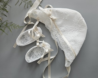 Christening Baby Girl Booties | Bonnet Milky Set | Guipure Cotton | Baby Baptism Shoes Hat Gift