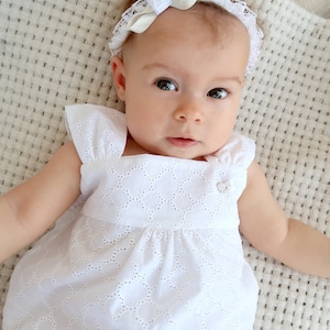 Baby Baptism Headband, for Girl, White, Cotton Lace, Flowers, Ivoty Satin Ribbon, Christening Outfit, A3309 image 3