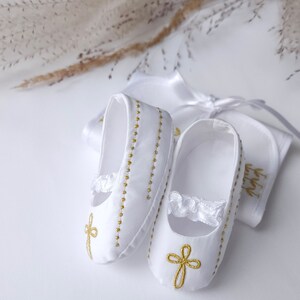 Nice Baptism Booties.Baptism Outfit. Gown, booties, hat, blanket, hair bag with golden embroidery. Personalization is upon request. Pure fine satin.