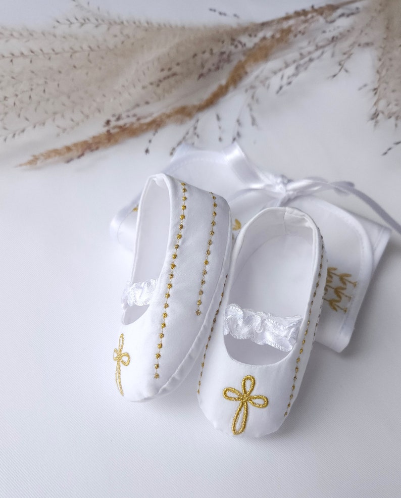 Nice Baptism Booties.Baptism Outfit. Gown, booties, hat, blanket, hair bag with golden embroidery. Personalization is upon request. Pure fine satin.