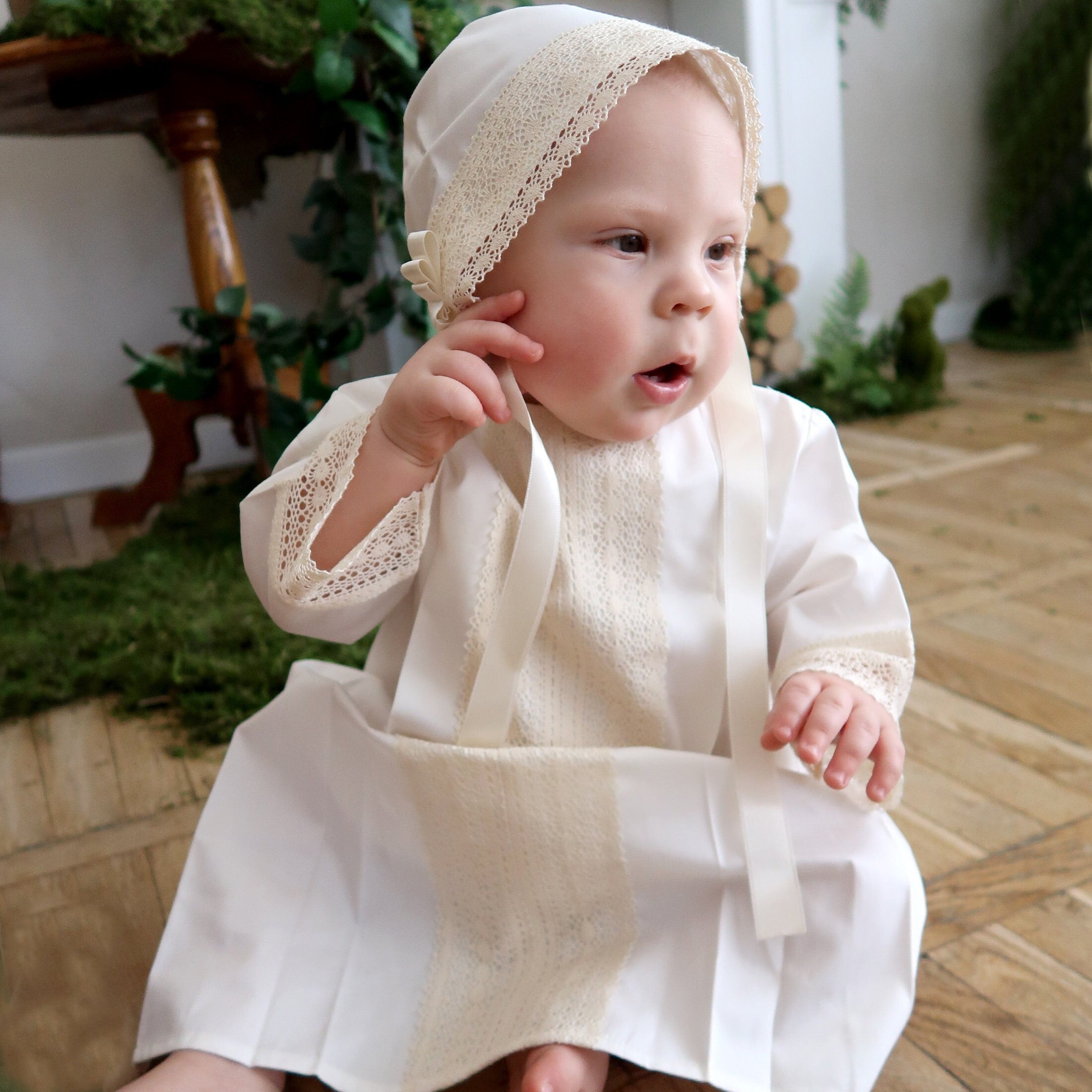 Linen Lace Baptism Gown: Unisex Cotton Christening Outfit