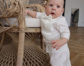 White Cotton Satin Baptism Suit, Baby Boy Christening Tuxedo, Elegant Bow Tie Outfit, Pleated Shirt Pants Set, Newborn Dedication Gift