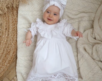 White Baptism Dress for Girl – Cotton Christening Outfit with Lace, Heirloom Dedication Gown