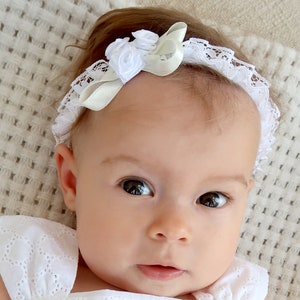 Baby Baptism Headband, for Girl, White, Cotton Lace, Flowers, Ivoty Satin Ribbon, Christening Outfit, A3309 image 2