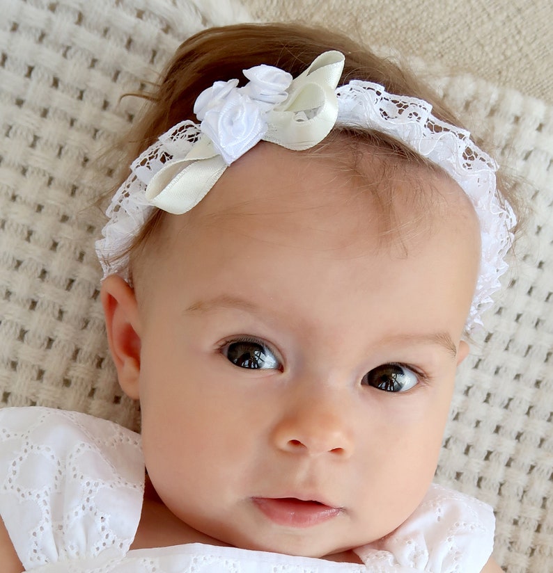 Baby Baptism Headband, for Girl, White, Cotton Lace, Flowers, Ivoty Satin Ribbon, Christening Outfit, A3309 image 2