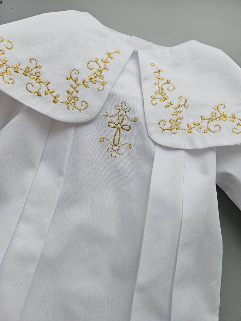 Beautiful Baptism Outfit. Gown, booties, hat, blanket, hair bag with golden embroidery. Personalization is upon request. Pure fine satin.