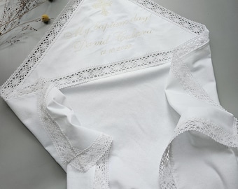 Personalized Baby Baptism Towel: White Lace, Embroidered Cross, Hooded Flannel