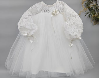 Ivory Christening Gown: Baby Girl Lace & Satin Dress with Rose