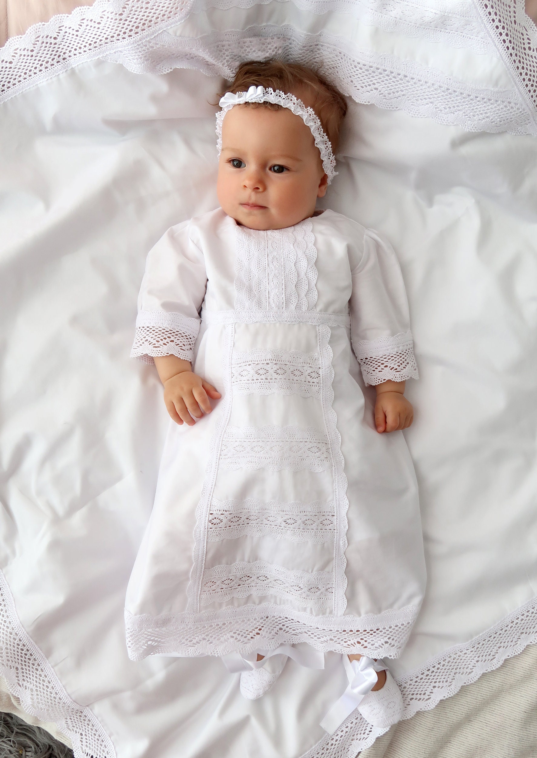 Heirloom Baptism Gown Baby - Long White Christening Robe, Traditional Dress