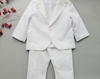 White Cotton Baby Suit – Christening Outfit with Jacket & Pants