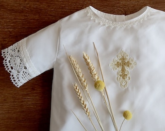 Ivory Christening Gown: Unisex Satin Baptismal Outfit with Linen Lace