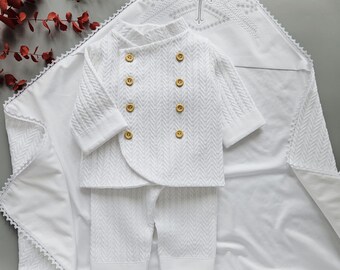White Baptism Blanket Set for Boy | Christening Outfit with Cap